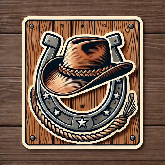 Vinyl sticker: Cowboy Hat with Horseshoe and Rope Vinyl Sticker for Laptop, Wall, Car, Window, Bumper, Truck, Waterproof Decal for Water Bottle