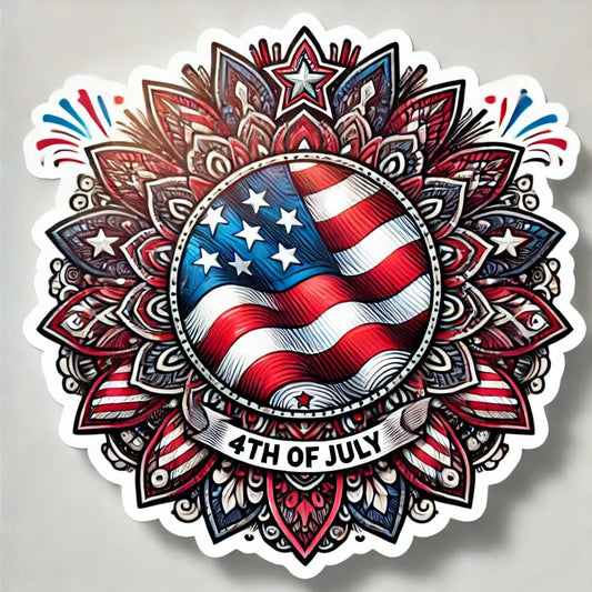 Vinyl sticker: 4th of July American Flag Badge Sticker for Laptop, Wall, Car, Window, Bumper, Water Bottle - Patriotic Decal with Mandala Center - Waterproof and Durable (6)