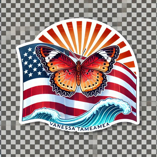Vinyl sticker: Waterproof Window Laptop Bumper Car Wall Sticker Decal for Auto Truck Bottle – Vanessa tameamea Butterfly Above Hawaiian Flag with Radiant Tropical Sunrays in Island Symbol Design (6)