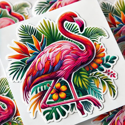 Vinyl sticker: Colorful Flamingo in Tropical Setting Sticker Decal for Laptop, Wall, Car, Window, Bumper, Truck, Waterproof Auto, Water Bottle (6)