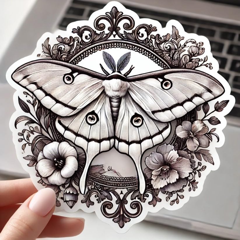 Vinyl sticker: Luna Moth on Ornate Frame Laptop Wall Car Window Bumper Sticker Decal - Elegant Floral Patterns, Graceful Vinyl for Trucks, Water Bottles, Auto, and More