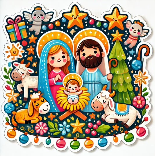 Vinyl sticker: Playful Nativity Scene with Smiling Animals and Stars, Laptop and Car Decal