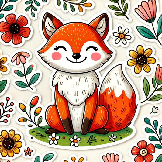 Vinyl sticker: Happy Fox Sitting Among Flowers Sticker Decal for Laptop, Wall, Car, Window, Bumper, Truck, Waterproof Auto, Water Bottle