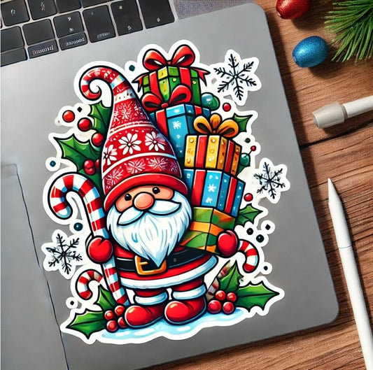 Vinyl sticker: Present-Carrying Gnome Sticker for Laptop, Wall, Car, Window, Bumper, Waterproof Holiday Decal for Trucks, Water Bottles, and Festive Spaces
