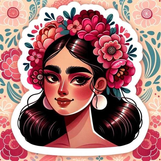 Vinyl sticker: Viva LA VIDA Beautiful Girl Wreath Flowers Lifestyle Sticker Frida Kahlo Inspired Multicolor Waterproof Vinyl Decals in Diverse Shapes for Laptops Cars Bottles Latina Art