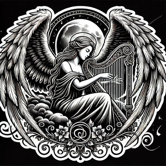 Vinyl sticker: Gothic Angel Playing Harp – Waterproof Vinyl Sticker for Laptop, Car, Window, Wall, Bumper, Truck, Auto, Water Bottle