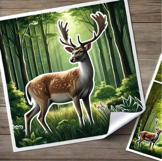 Vinyl sticker: White-Tailed Deer Summer Forest Vinyl Sticker for Laptop, Wall, Car, Window, Bumper, Truck, Waterproof Auto, Water Bottle. Variation 2