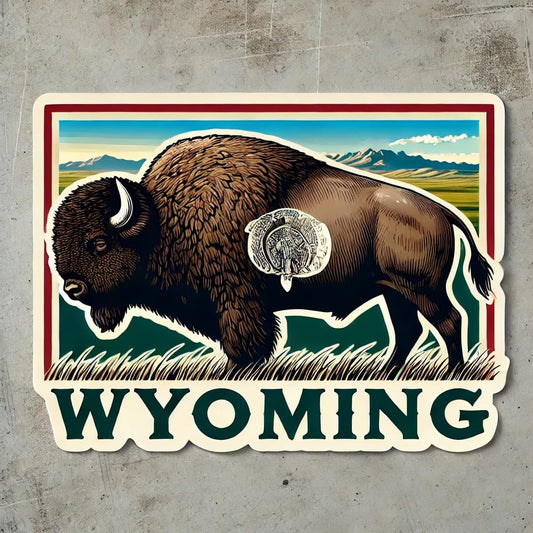 Vinyl sticker: Bold Bison Decal for Car Wall Laptop Truck Window Auto Sticker – Wyoming State Flag Background Realistic American Buffalo Vinyl Waterproof Bumper Art for Water Bottle