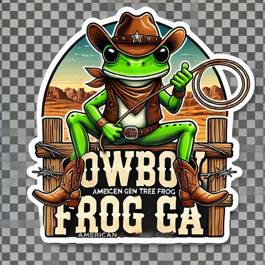 Vinyl sticker: Laptop Car Window Wall Bumper Waterproof Sticker Decal Auto Truck Water Bottle – Cowboy Frog GA American Green Tree Frog with Hat Boots and Lasso on Fence