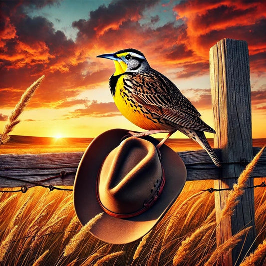 Vinyl sticker: Wyoming Sunset Meadowlark Cowboy Hat Sticker for Laptop, Wall, Car, Window, Bumper, Decal, Truck, Auto, Water Bottle – Rustic Prairie Bird Fence Scene (6)