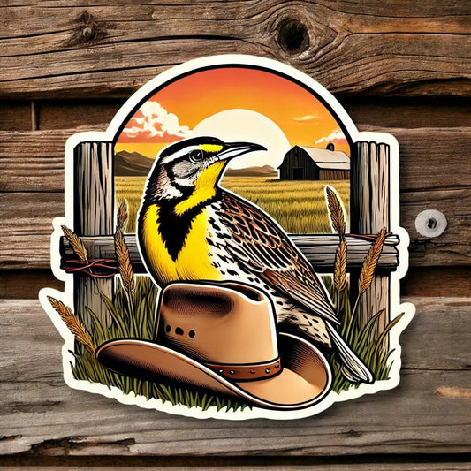 Vinyl sticker: Western Meadowlark on Cowboy Hat Vinyl Sticker for Laptop, Wall, Car, Window, Bumper, Decal, Truck, Auto, Water Bottle – Wyoming Sunset Prairie Bird Scene (6)