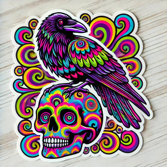 Vinyl sticker: Psychedelic Raven Crow on Skull Laptop Wall Car Window Bumper Sticker Decal Truck Waterproof Auto Water Bottle (4)