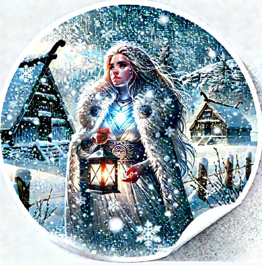 Vinyl sticker: Laptop Wall Car Window Bumper Sticker Decal Truck Waterproof Auto Water Bottle – Realistic Freyja Norse Goddess in Blizzard with Lantern and Snow-Covered Viking Longhouse (4)