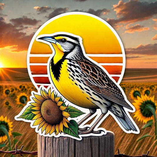 Vinyl sticker: Western Meadowlark Sunset Fence Post Waterproof Sticker for Laptop, Wall, Car, Window, Bumper, Decal for Truck, Auto, Water Bottle – Kansas Prairie Bird Vinyl