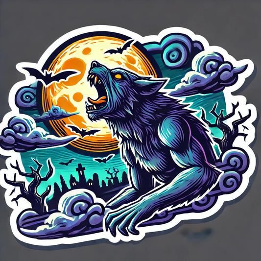 Vinyl sticker: Howling Werewolf Halloween Sticker - Creepy Werewolf Under Full Moon, Waterproof Vinyl Decal for Laptop, Wall, Car, Window, Bumper, Truck, and Water Bottle