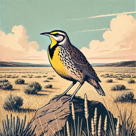 Vinyl sticker: Western Meadowlark in Flight Over Spring Hills Sticker for Laptop, Wall, Car, Window, Bumper, Decal, Truck, Auto, Water Bottle – Wyoming Bird in Blooming Landscape (6)