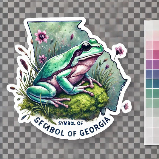 Vinyl sticker: Laptop Car Window Bumper Sticker Waterproof Decal Wall Truck Auto Water Bottle – Watercolor American Green Tree Frog on Moss Rock with Wildflowers Symbol of Georgia