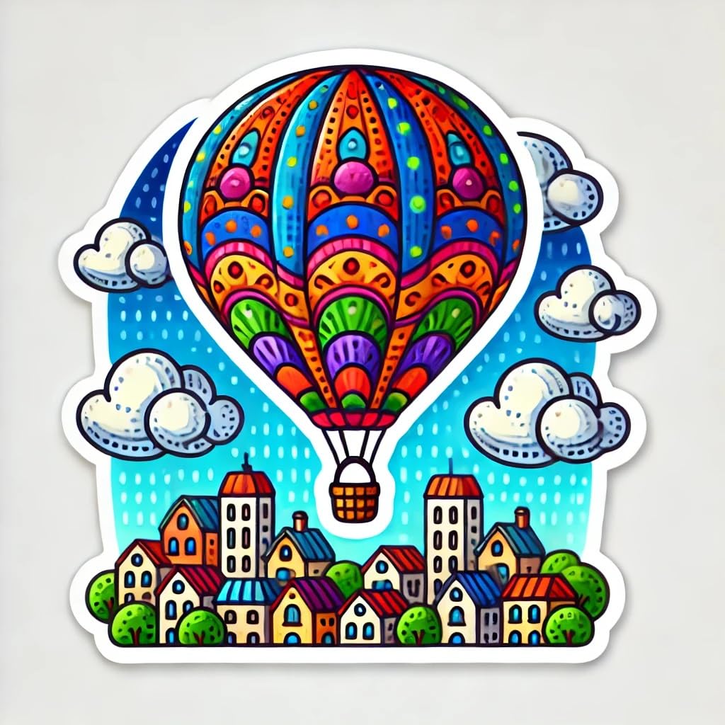 Vinyl sticker: Colorful Hot Air Balloon Cityscape Sticker for Laptop, Wall, Car, Window, Bumper, Truck, Waterproof Auto Water Bottle