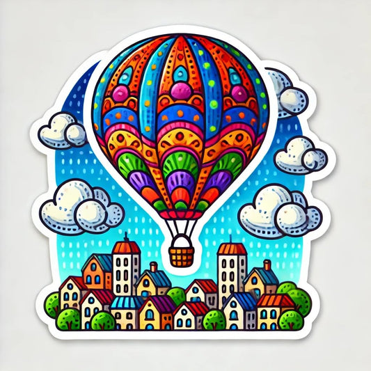 Vinyl sticker: Colorful Hot Air Balloon Cityscape Sticker for Laptop, Wall, Car, Window, Bumper, Truck, Waterproof Auto Water Bottle