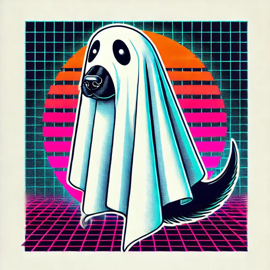 Vinyl sticker: Mystical Retro 80s Black Dog Ghost Costume Sticker for Laptop, Wall, Car, Window, Bumper, and Water Bottle – Waterproof, Auto Decal for Truck and More (6)