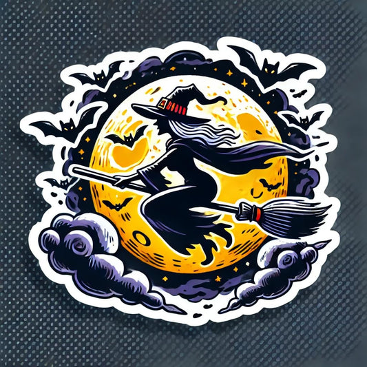 Vinyl sticker: Witch Flying on Broomstick Halloween Sticker - Full Moon and Bats, Waterproof Vinyl Decal for Laptop, Wall, Car, Window, Bumper, Truck, and Water Bottle