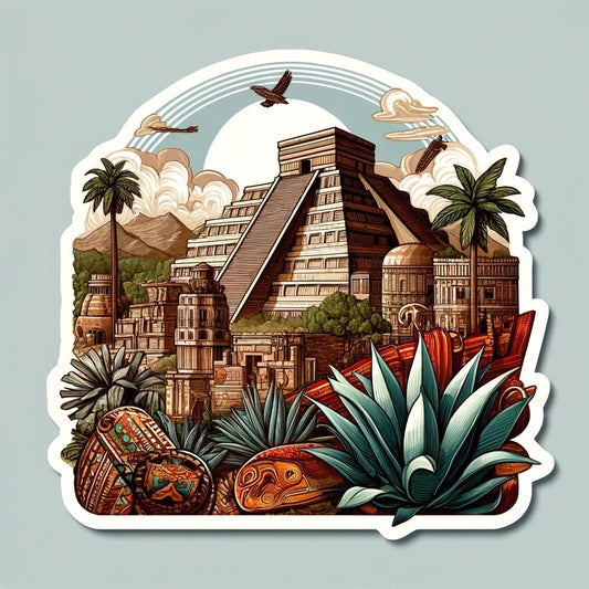 Vinyl sticker: Oaxaca Heritage Sticker: Realistic Decal of Monte Albán, Textiles, and Agave