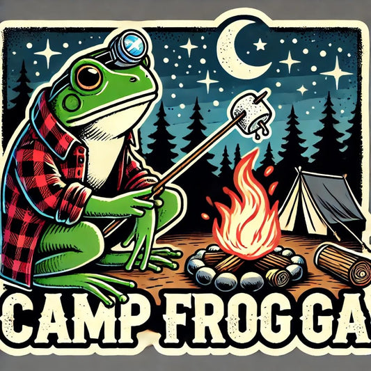 Vinyl sticker: Laptop Wall Car Window Waterproof Bumper Sticker Decal Auto Truck Water Bottle – Camp Frog GA American Green Tree Frog Roasting Marshmallow by Fire in Forest (8)