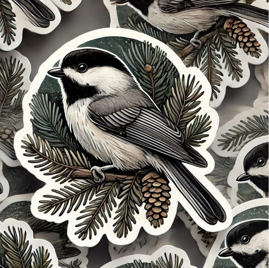 Vinyl sticker: Maine Black-Capped Chickadee Decal Laptop Car Window Bumper Sticker Truck Waterproof Auto Water Bottle Bird Nature