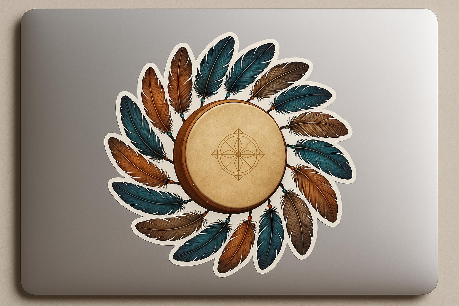 Circle Feathers Sacred Drum Sticker Decal Vinyl Laptop Car Window Bumper AUTO Bottle Water Bottle Helmets Waterproof