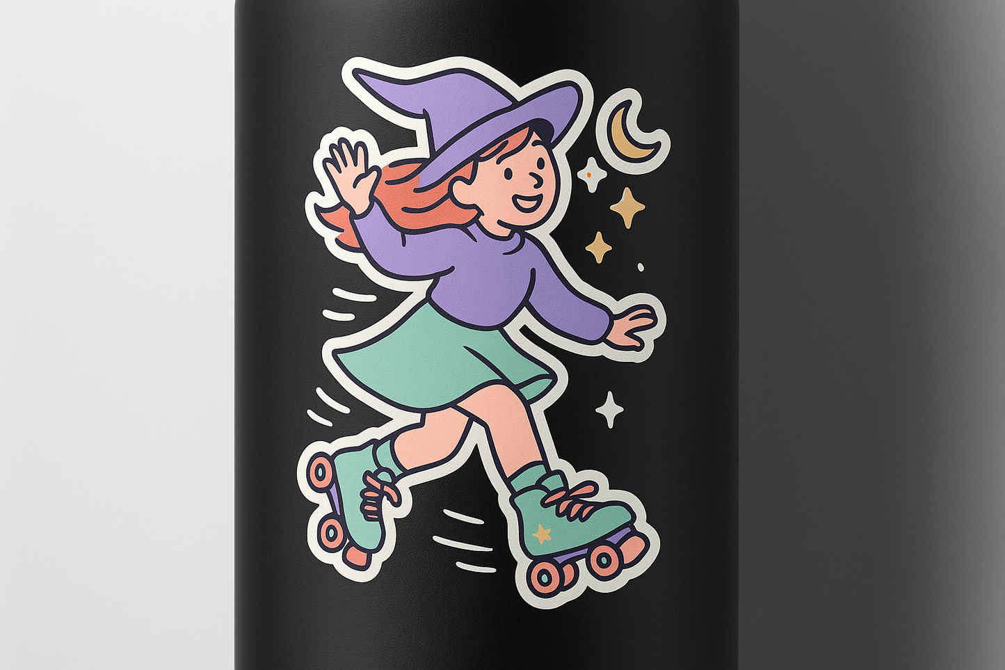 Witch Roller Skates Sticker Decal Vinyl Laptop Car Window Bumper AUTO Bottle Water Bottle Helmets Waterproof Cute Halloween