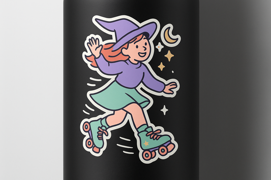 Witch Roller Skates Sticker Decal Vinyl Laptop Car Window Bumper AUTO Bottle Water Bottle Helmets Waterproof Cute Halloween