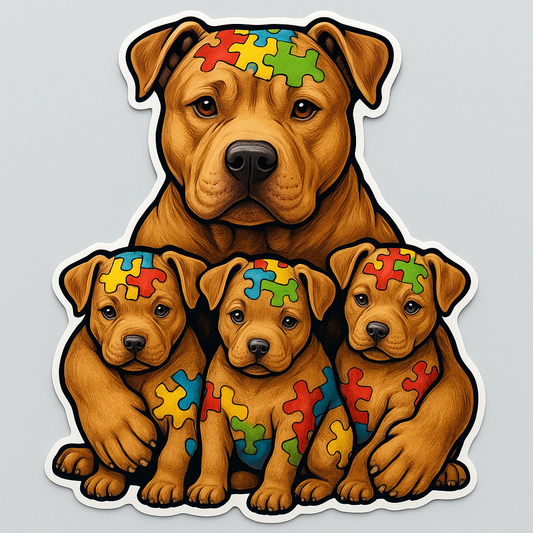 Autism Awareness Pitbull Family Sticker for Laptop Car Window Truck Puzzle Pattern Dog Decal with Dad and 3 Puppies Symbolizing Love and Strength