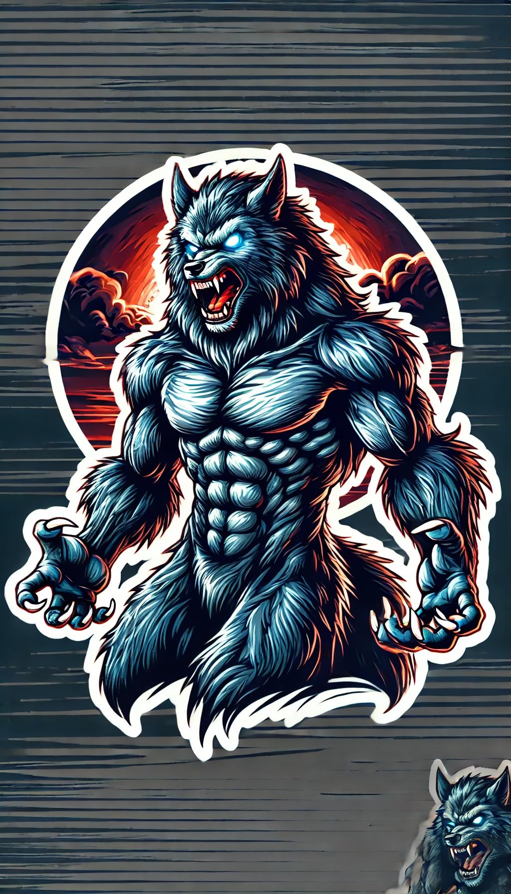 Vinyl sticker: Fierce Werewolf Half Body Sticker for Laptop, Wall, Car, Window, Bumper, Truck - Waterproof Vinyl Decal with Intense Glowing Eyes and Dark Blue Fur (6)