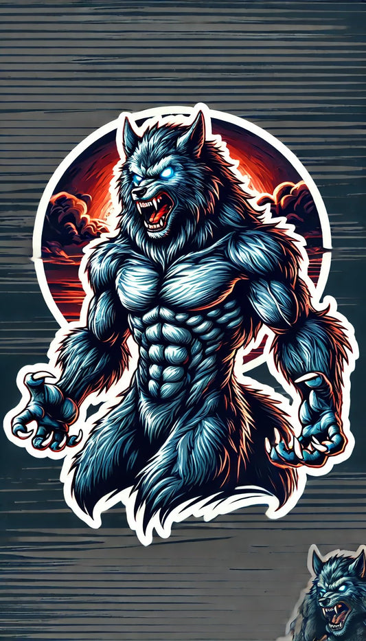 Vinyl sticker: Fierce Werewolf Half Body Sticker for Laptop, Wall, Car, Window, Bumper, Truck - Waterproof Vinyl Decal with Intense Glowing Eyes and Dark Blue Fur (6)