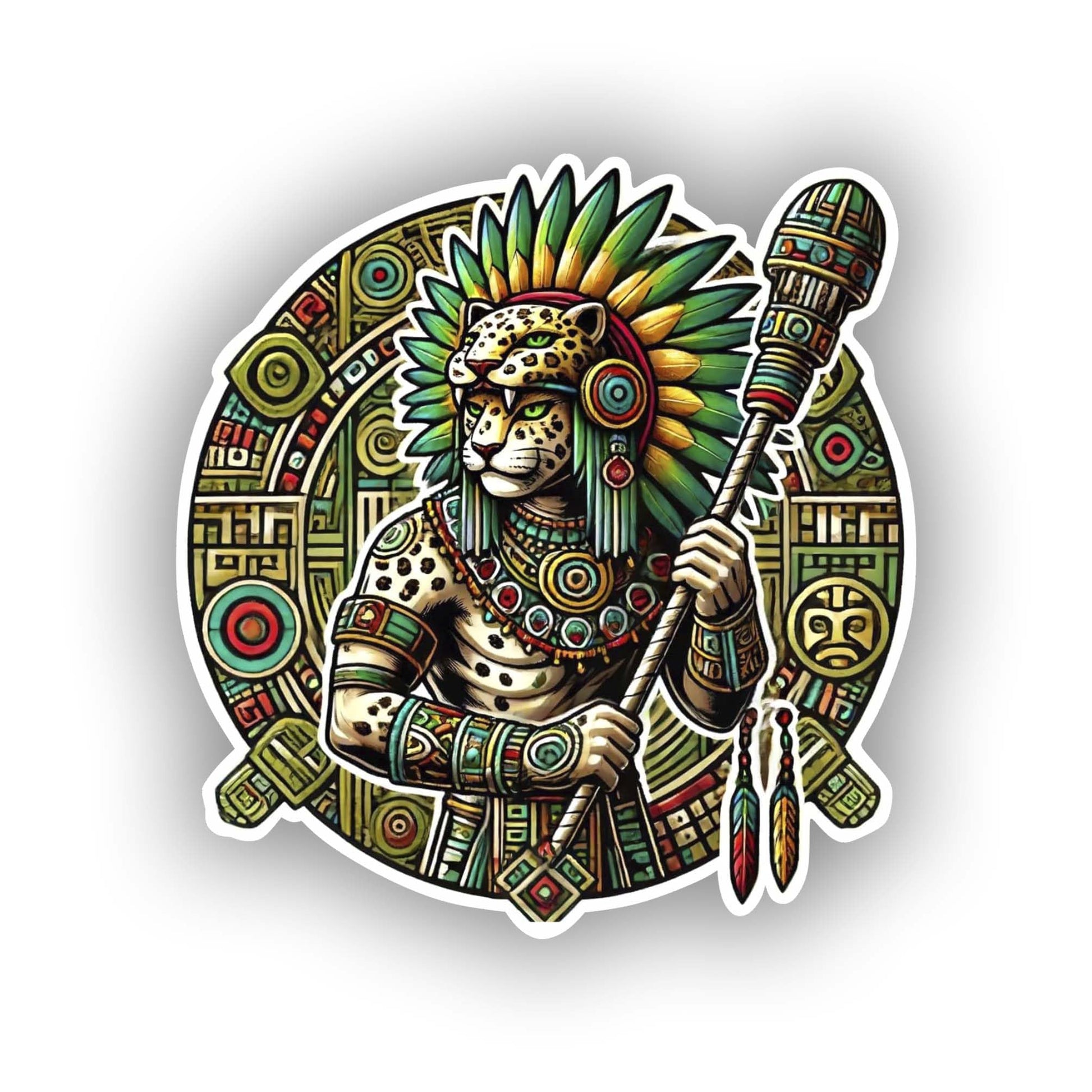 Vinyl sticker: Aztec Jaguar Warrior Sticker - Bold Design with Traditional Attire for Laptop, Wall, Car, Window, Bumper, Waterproof Decal for Truck, Auto, Water Bottle