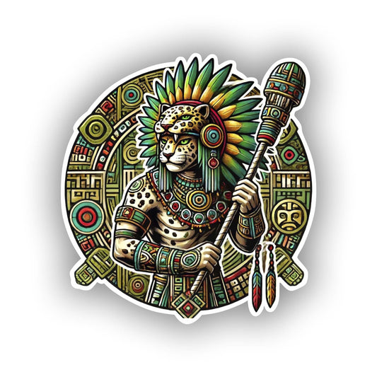 Vinyl sticker: Aztec Jaguar Warrior Sticker - Bold Design with Traditional Attire for Laptop, Wall, Car, Window, Bumper, Waterproof Decal for Truck, Auto, Water Bottle