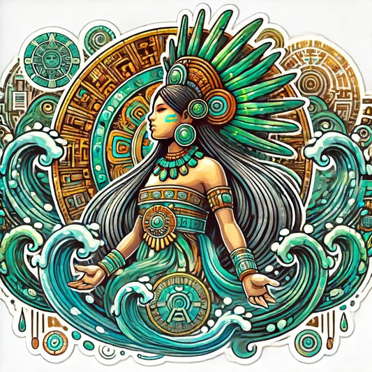 Vinyl sticker: Aztec Chalchiuhtlicue Goddess of Rivers Sticker - Graceful Design with Flowing Water Elements for Laptop, Wall, Car, Window, Bumper, Waterproof Decal for Truck, Auto, Water Bottle.