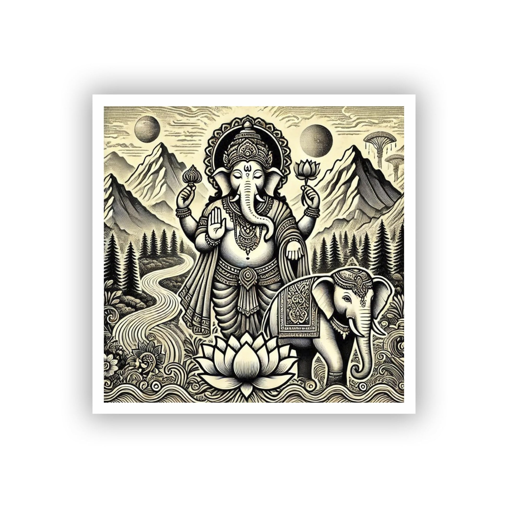 Vinyl sticker: Detailed Ganesha Laptop, Car, Water Bottle, Window Sticker - Standing with Elephant in Nature Scene - Harmony and Nature Waterproof Decal for Bumpers and Auto