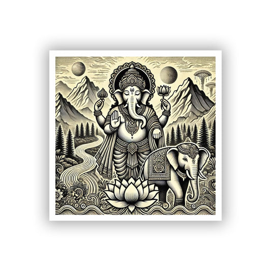 Vinyl sticker: Detailed Ganesha Laptop, Car, Water Bottle, Window Sticker - Standing with Elephant in Nature Scene - Harmony and Nature Waterproof Decal for Bumpers and Auto