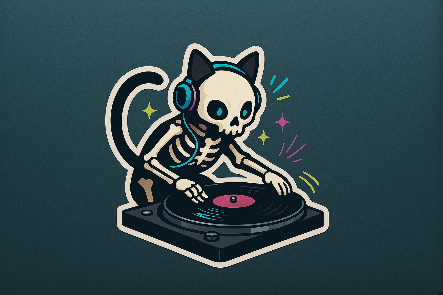 DJ Cat Skeleton Sticker Decal Vinyl Laptop Car Window Bumper AUTO Bottle Water Bottle Helmets Waterproof Music