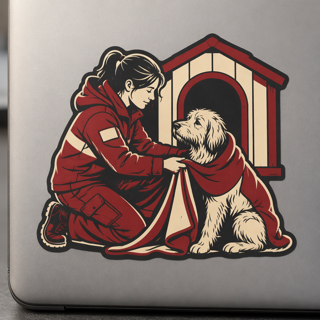 A compassionate geometric scene shows a rescue volunteer offering a warm blanket to a shaggy dog outside an unbranded shelter.