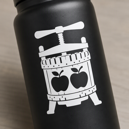 A crisp white silhouette of a compact apple press, with a broad handle and two apple-shaped openings in its basket, gives this transfer decal a simple, recognizable orchard-inspired look.