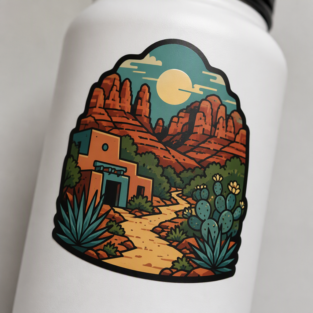 A quiet Arizona trailhead scene unfolds in angular modern vector shapes, pairing red sandstone with adobe teal and pale gold, alongside a simple water bottle illustration.