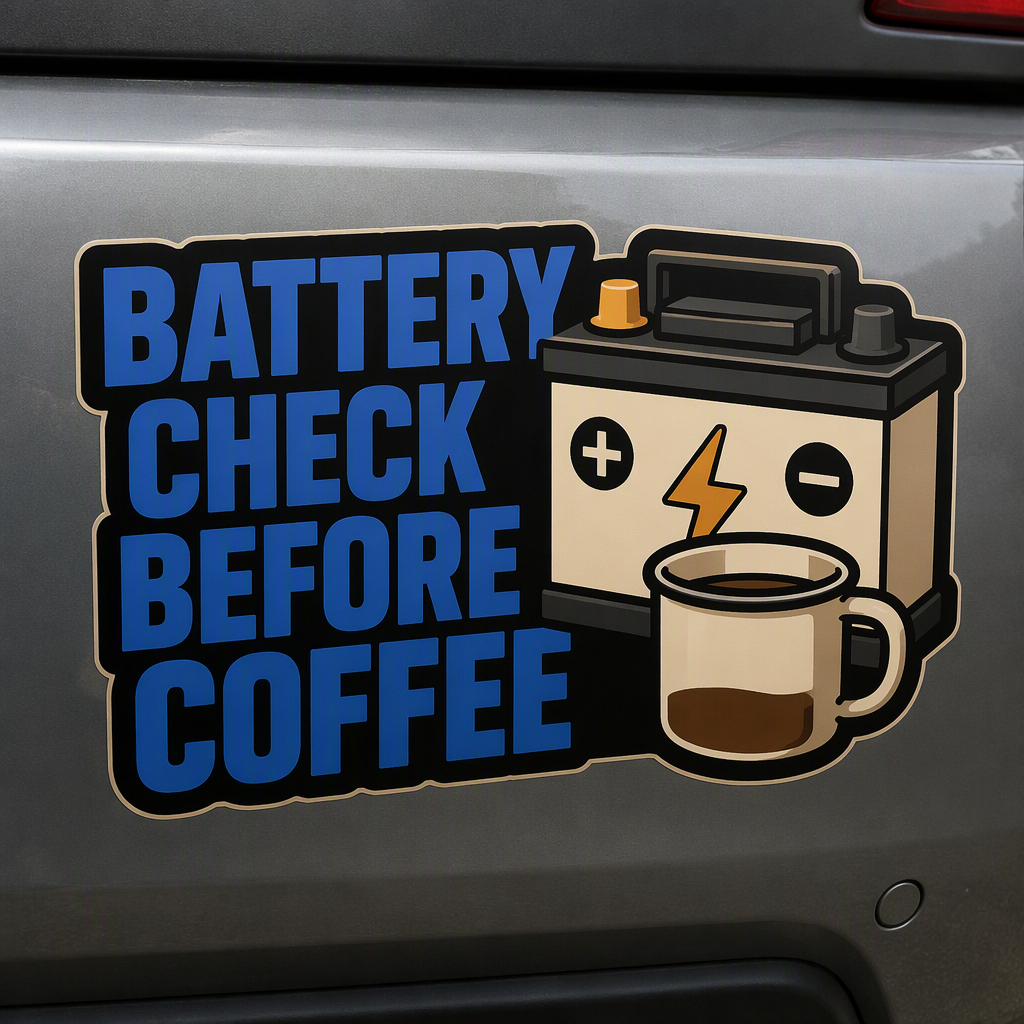 BATTERY CHECK BEFORE COFFEE appears in forceful cobalt stacked lettering alongside a generic car battery and attached half-full enamel cup.