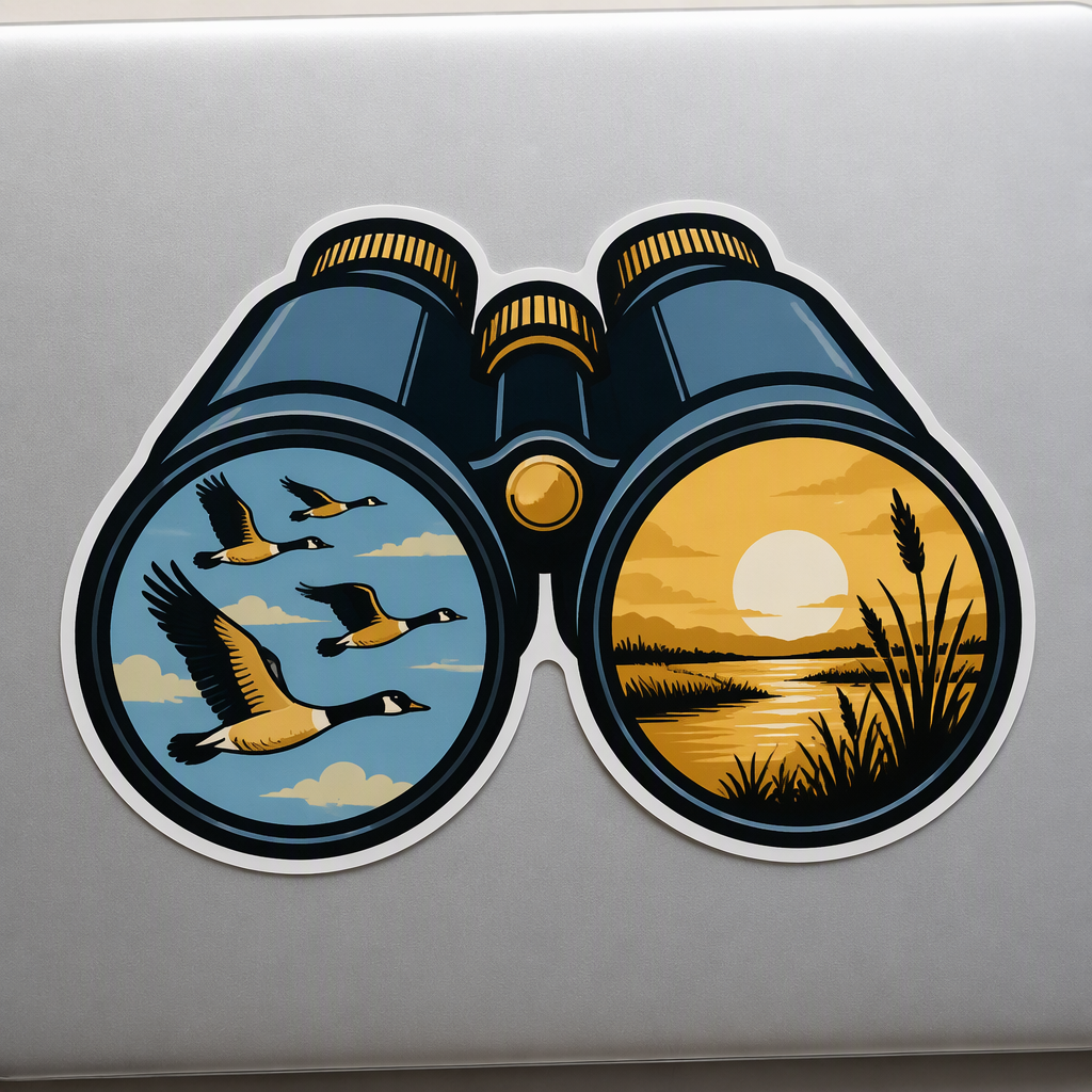 Broad binoculars frame migrating geese in one lens and a golden wetland in the other, creating a colorful birdwatching scene with a calm, nature-inspired feel.