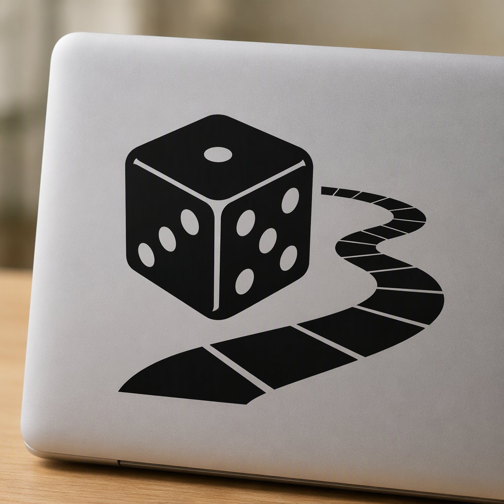 A bold black six-sided die silhouette paired with a single sweeping game path creates a playful tabletop-gaming accent with clean, uncluttered character.