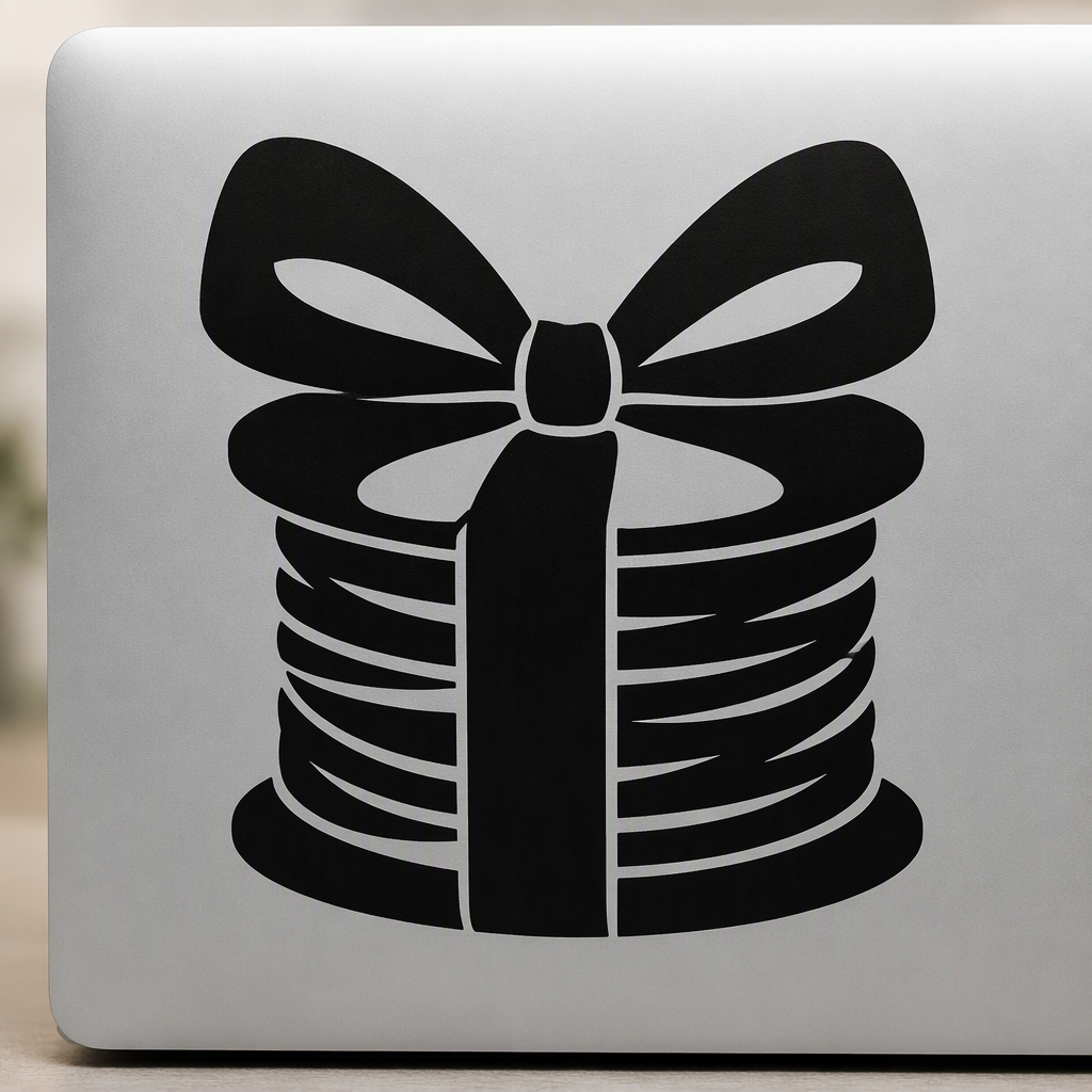 A playful black silhouette of a chunky bow wrapped around a spool-shaped parcel brings cheerful gift-giving energy to everyday organization.