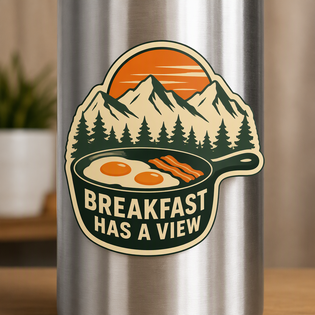 “BREAKFAST HAS A VIEW” appears above a cheerful skillet scene with eggs and bacon, a mountain horizon, spruce trees, and a warm orange sun.