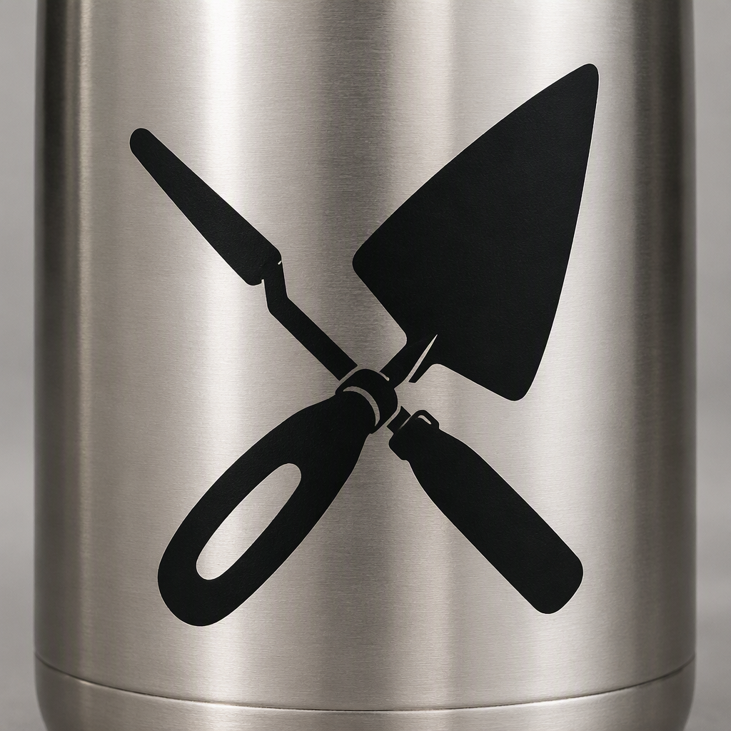 A solid black silhouette of a bricklayer’s jointing iron crossed with a chunky pointing trowel creates a clean, professional emblem of masonry work.