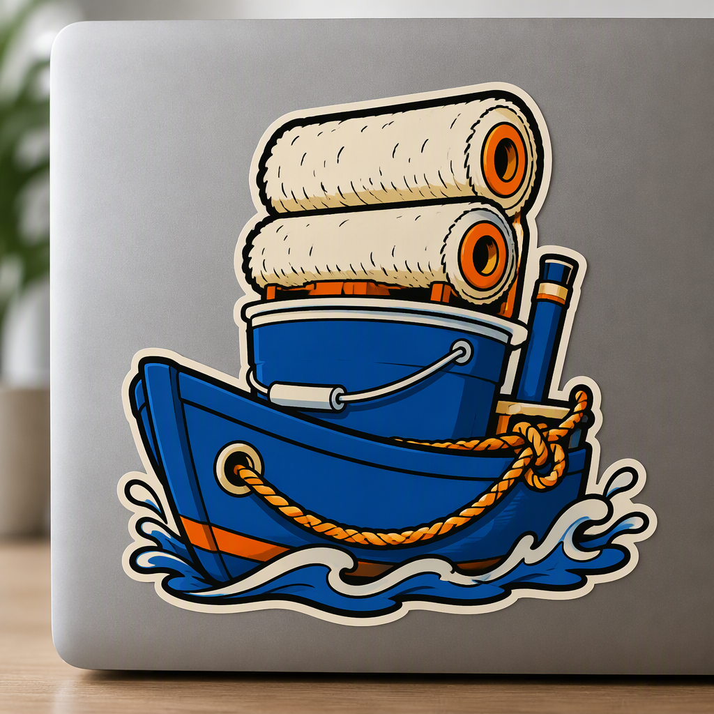 A utility bucket becomes a tiny tugboat carrying two broad paint rollers in this playful, text-free design.